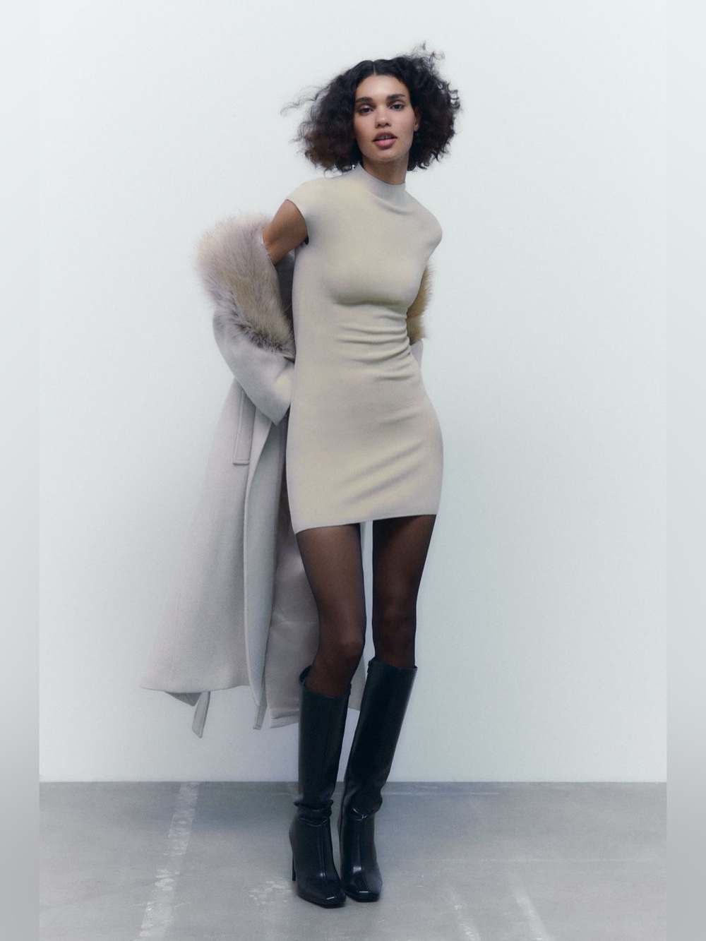 ZARA Tan Mock-Neck Mini Dress | Size S